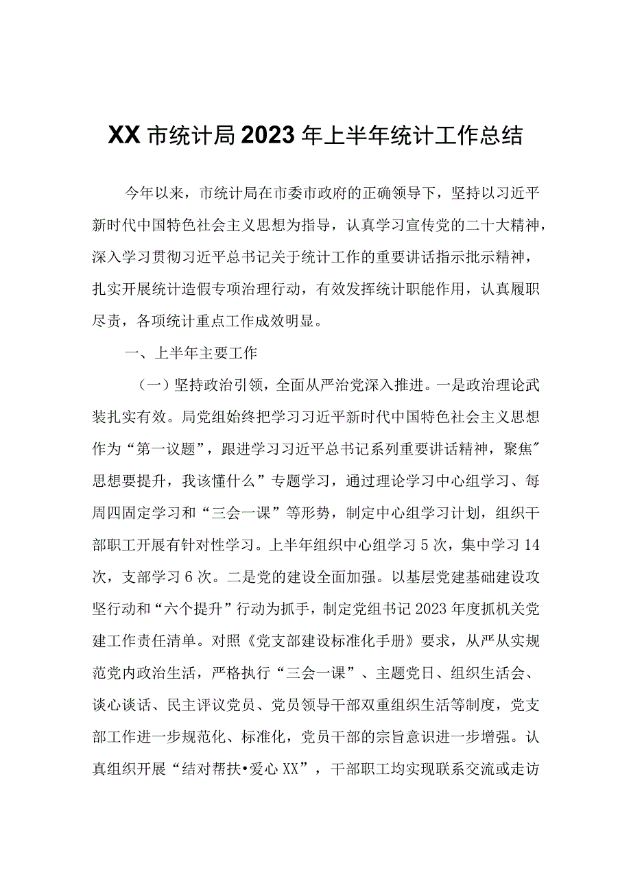 XX市统计局2023年上半年统计工作总结.docx_第1页