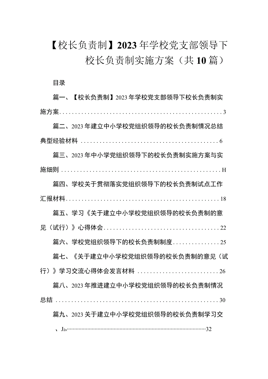 【校长负责制】2023年学校党支部领导下校长负责制实施方案（共10篇）.docx_第1页