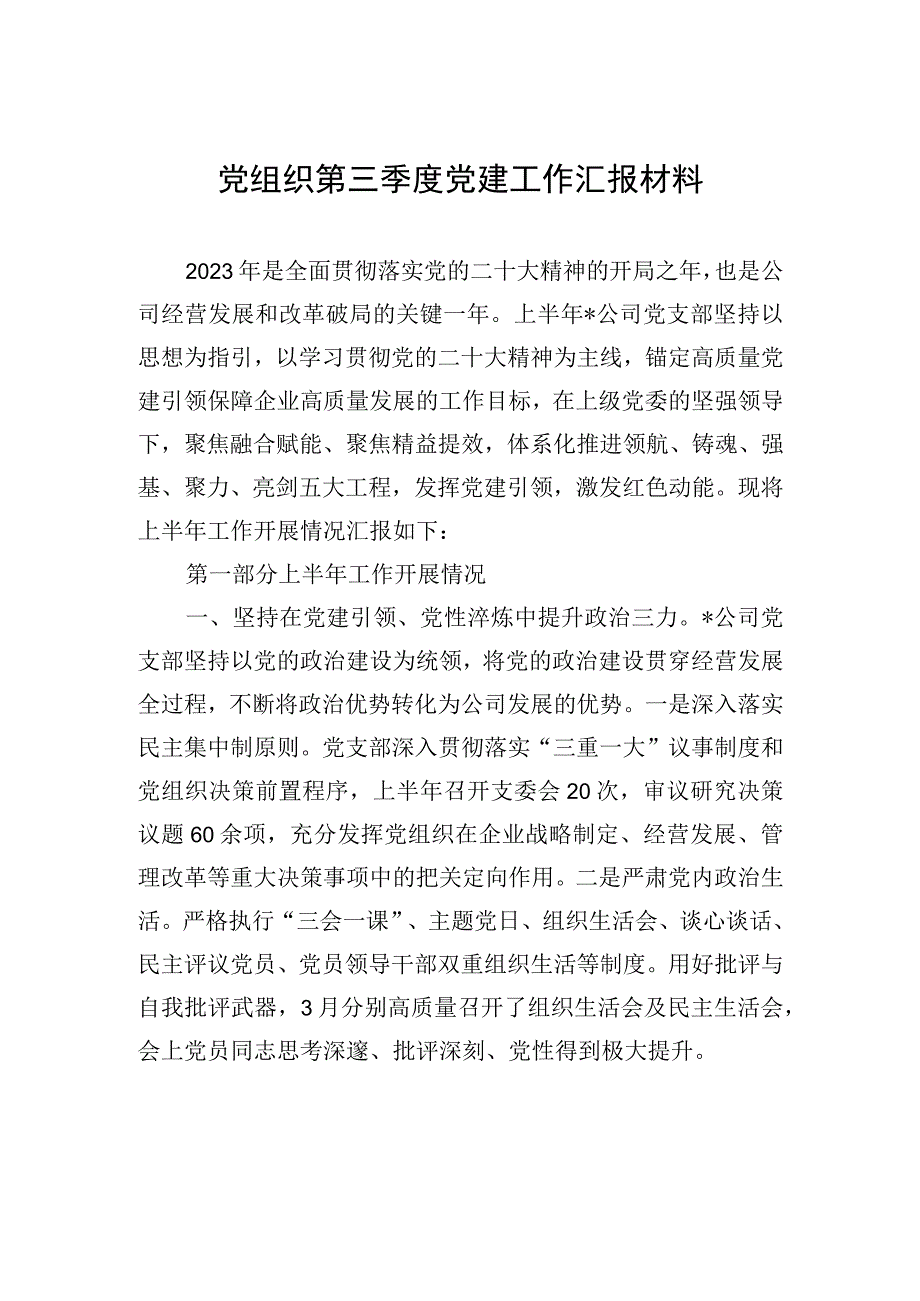 党组织第三季度党建工作汇报材料.docx_第1页