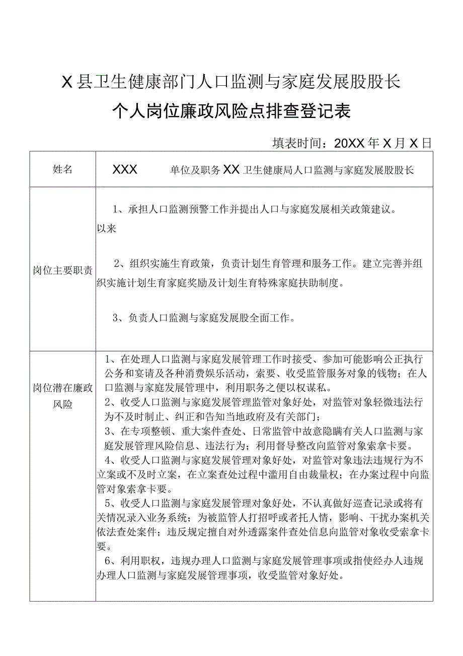 X县卫生健康部门人口监测与家庭发展股股长个人岗位廉政风险点排查登记表.docx_第1页