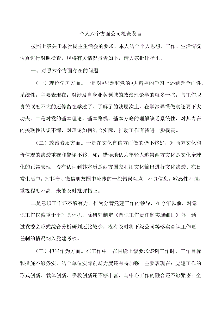 个人六个方面公司检查发言.docx_第1页