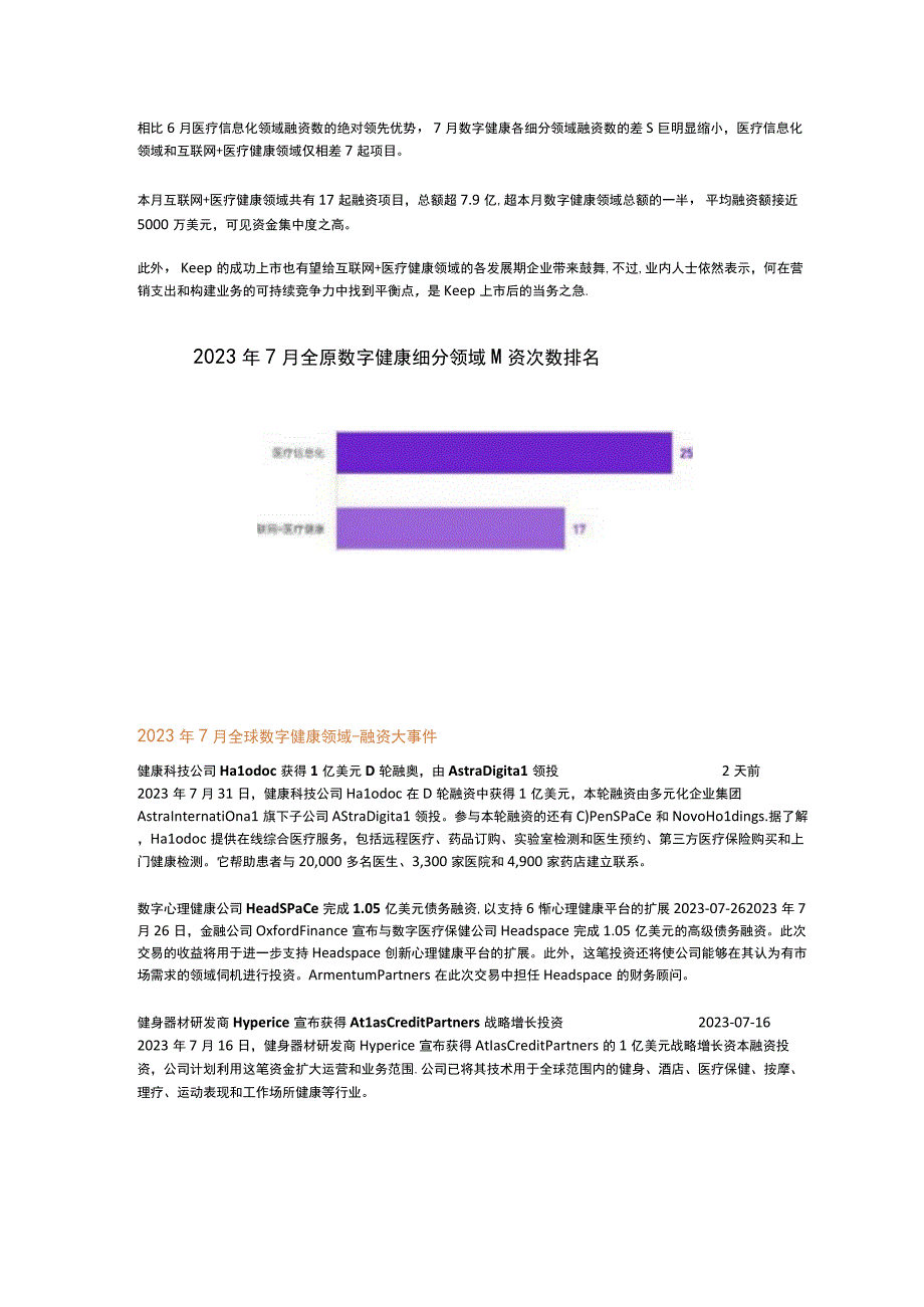 【医疗研报】动脉橙-2023年7月数字健康投融资月报-互联网+医疗健康领域融资额反超医疗信息化健身.docx_第3页