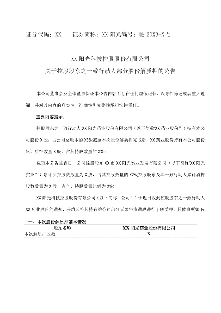 XX阳光科技控股股份有限公司关于控股股东之一致行动人部分股份解质押的公告.docx_第1页