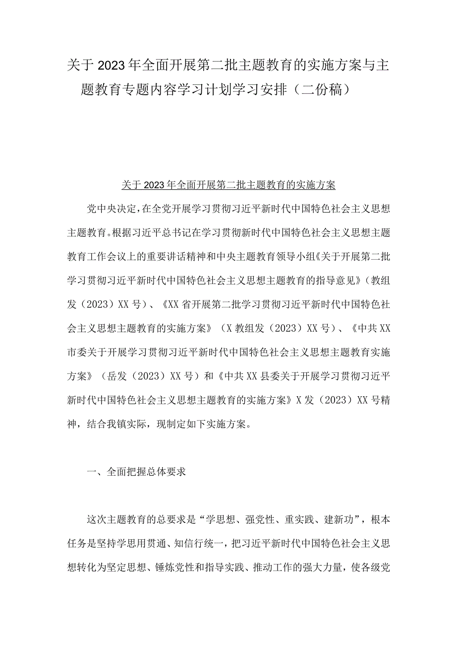 关于2023年全面开展第二批主题教育的实施方案与主题教育专题内容学习计划学习安排（二份稿）.docx_第1页