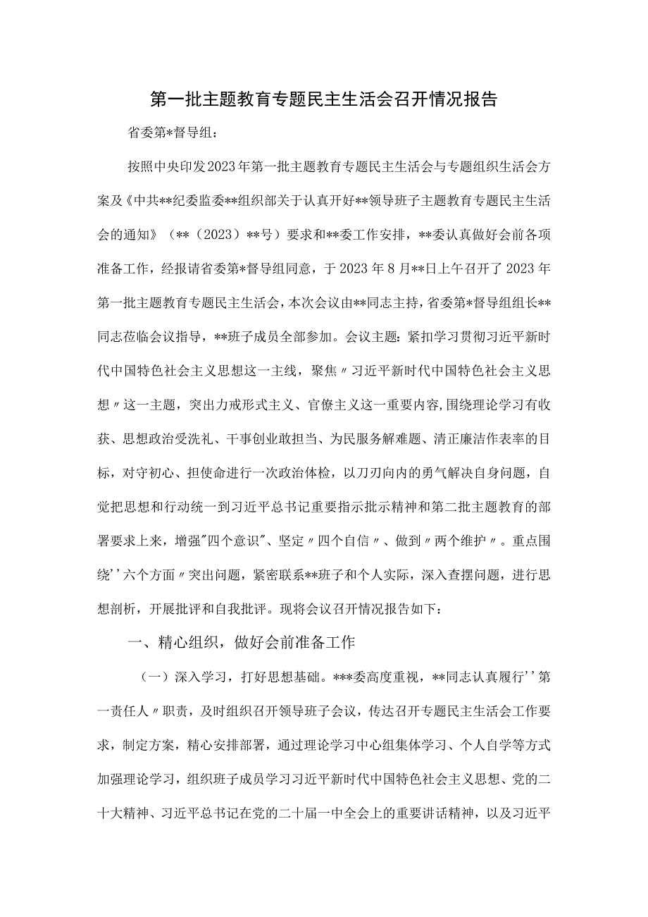 第一批主题教育专题民主生活会召开情况报告.docx_第1页