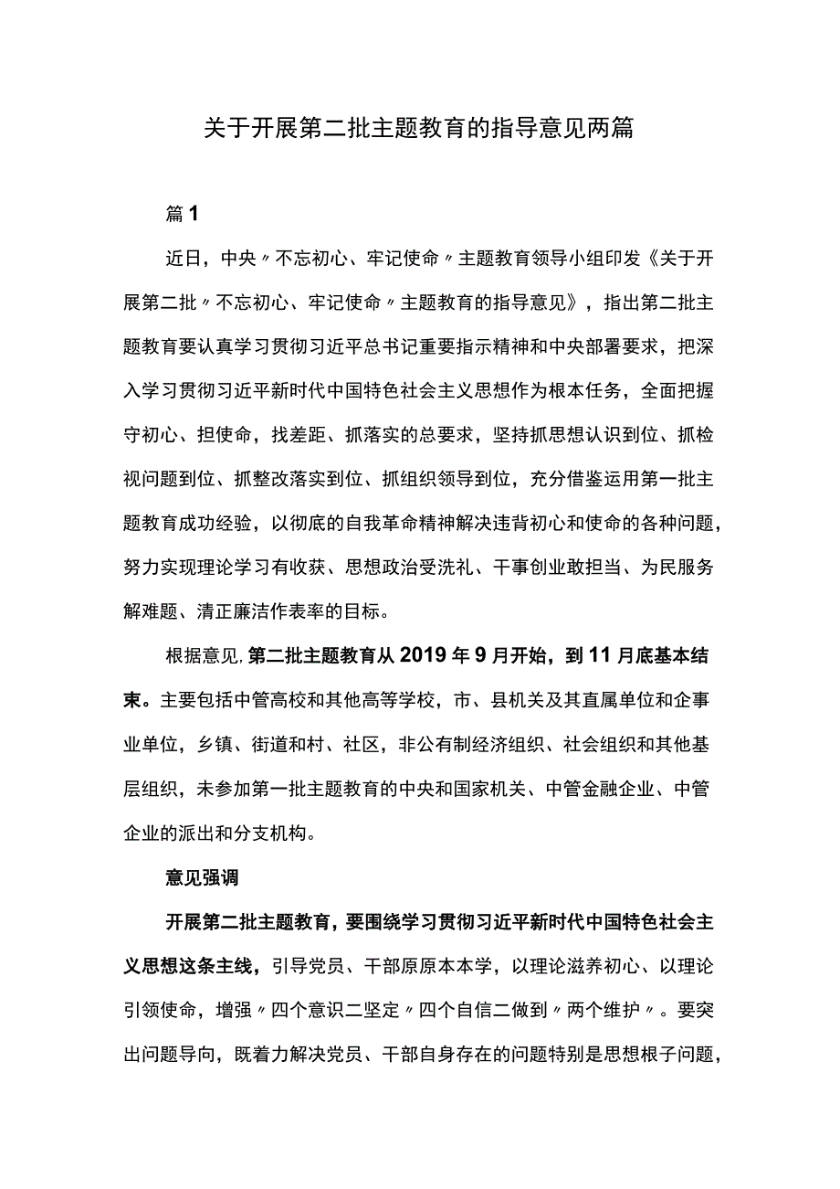 关于开展第二批主题教育的指导意见两篇.docx_第1页