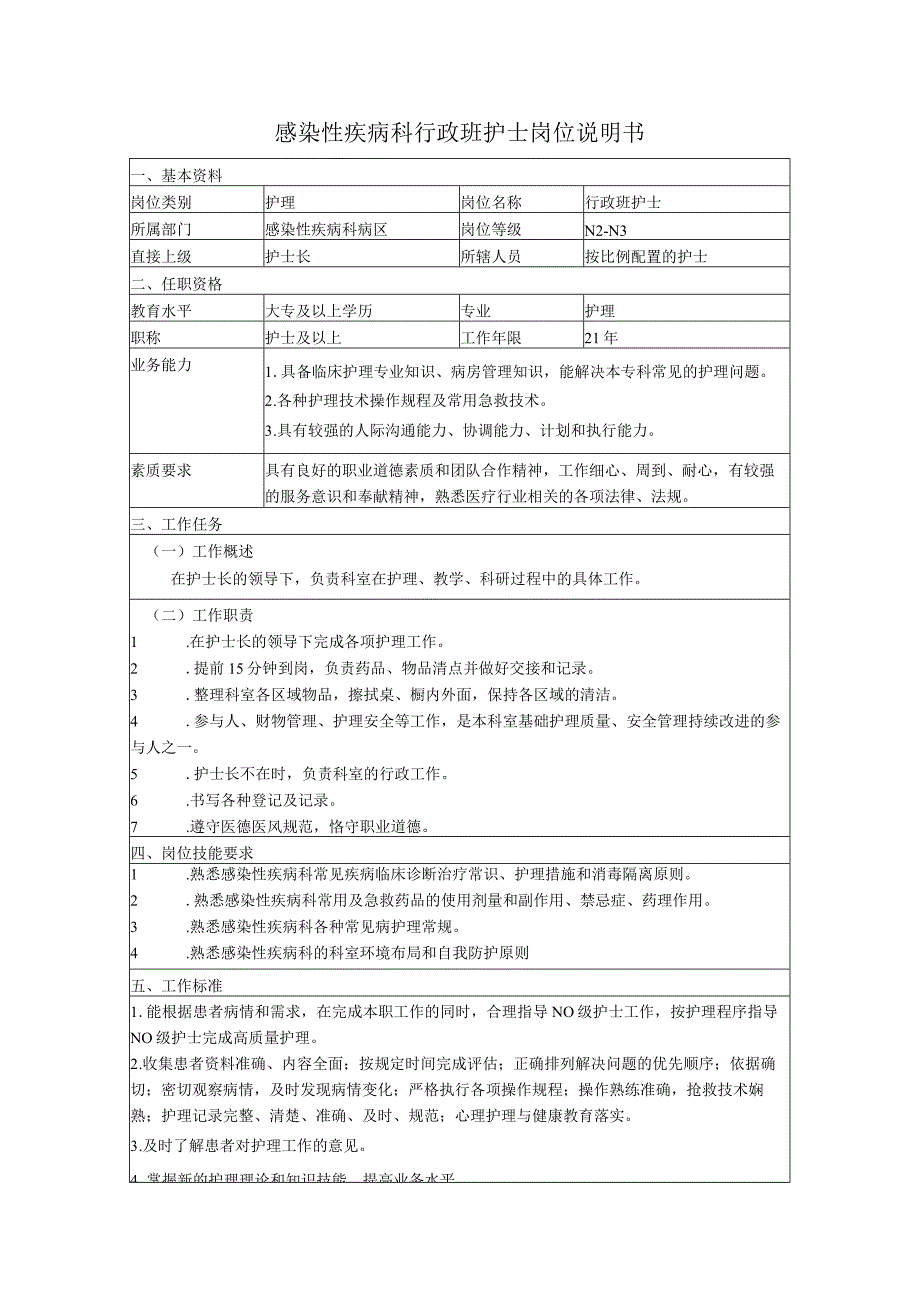 感染性疾病科行政班护士岗位说明书.docx_第1页