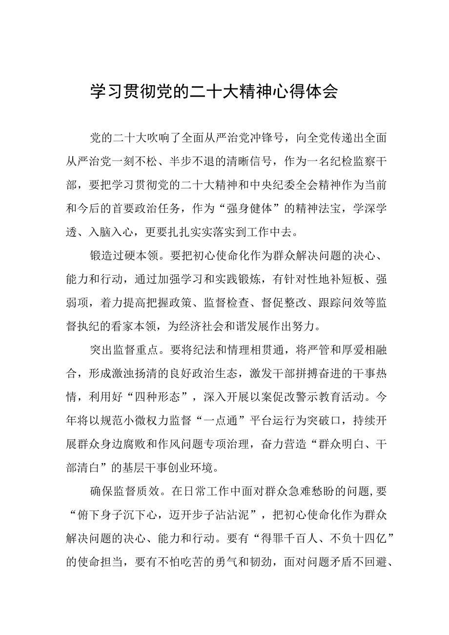 纪检监察组长关于深入学习贯彻党的二十大精神的研讨发言九篇.docx_第1页