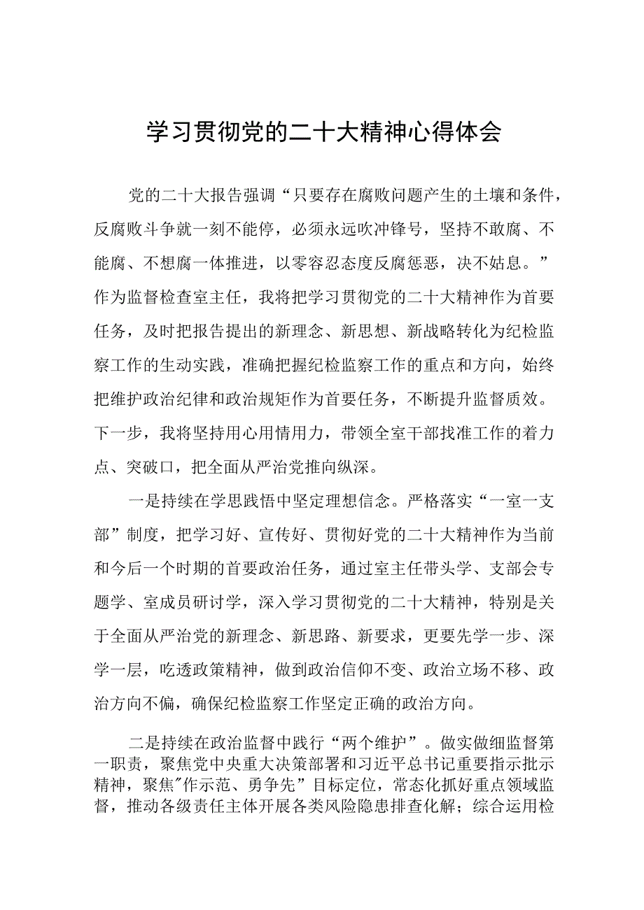 纪检监察干部2023年学习贯彻党的二十大精神心得体会九篇.docx_第1页