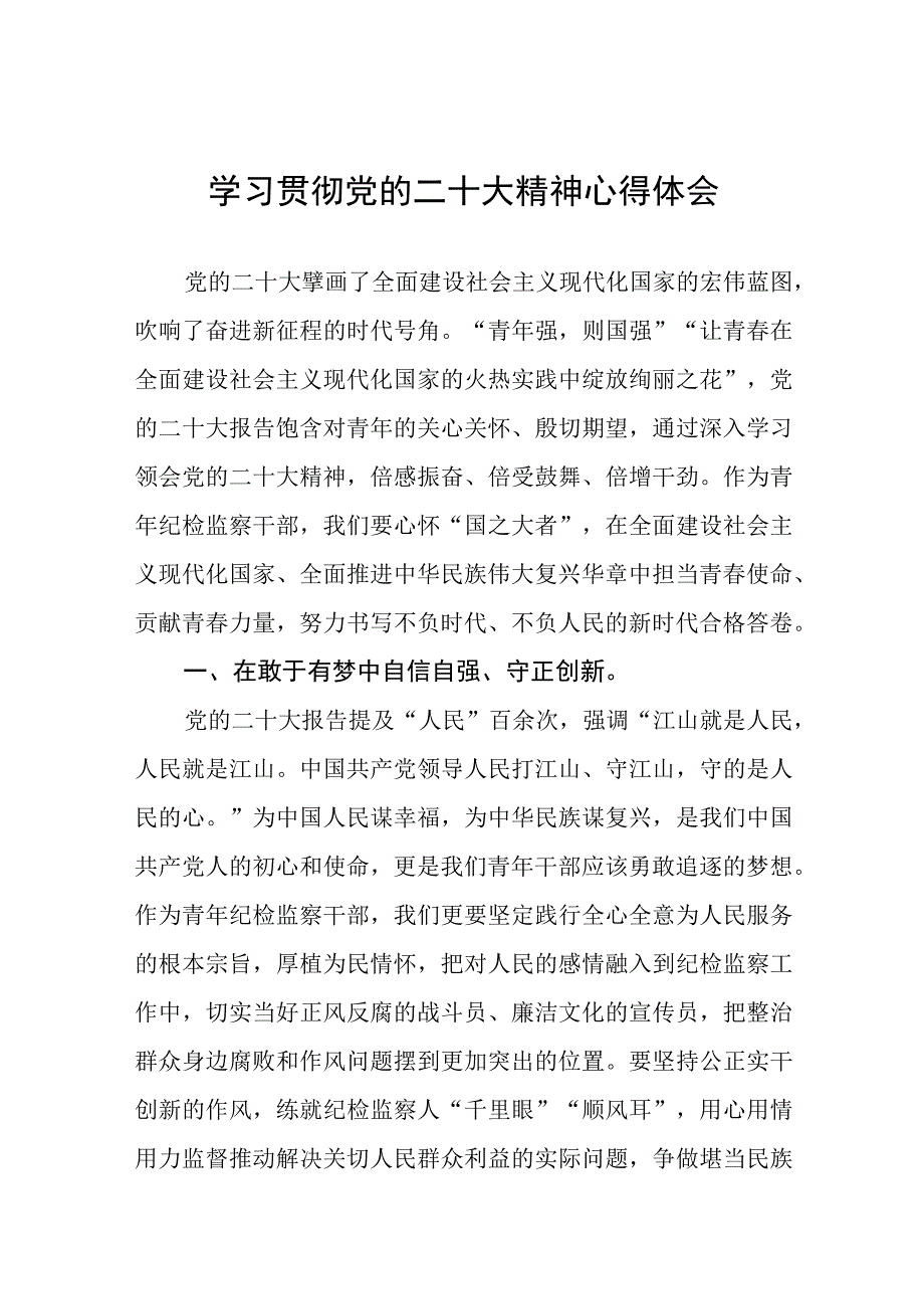 纪检监察干部关于学习贯彻党的二十大精神研讨发言材料六篇.docx_第1页