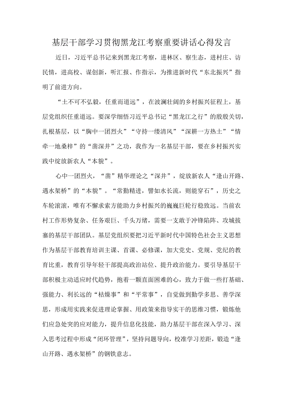 基层干部学习贯彻黑龙江考察重要讲话心得发言.docx_第1页