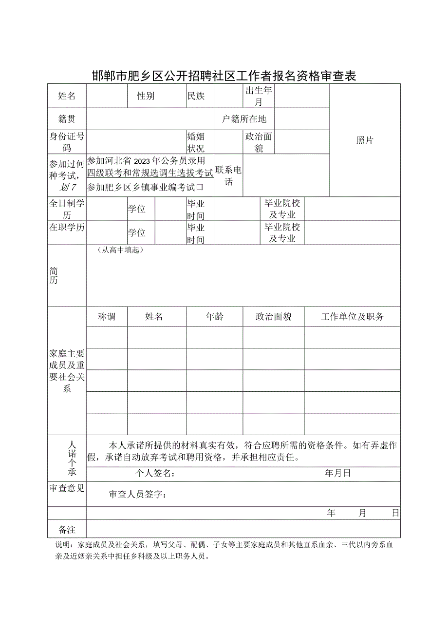 邯郸市肥乡区公开招聘社区工作者报名资格审查表.docx_第1页