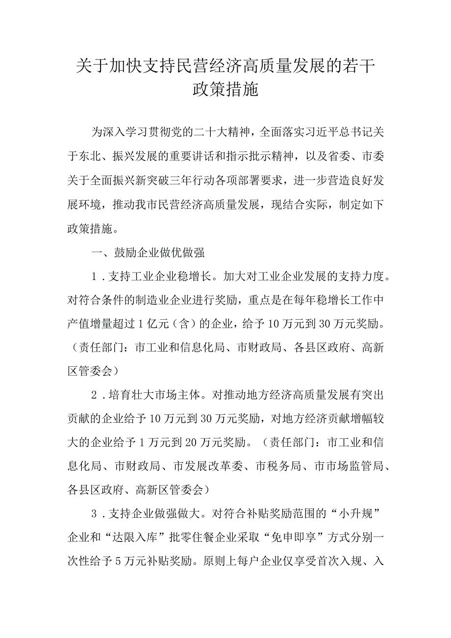 关于加快支持民营经济高质量发展的若干政策措施.docx_第1页