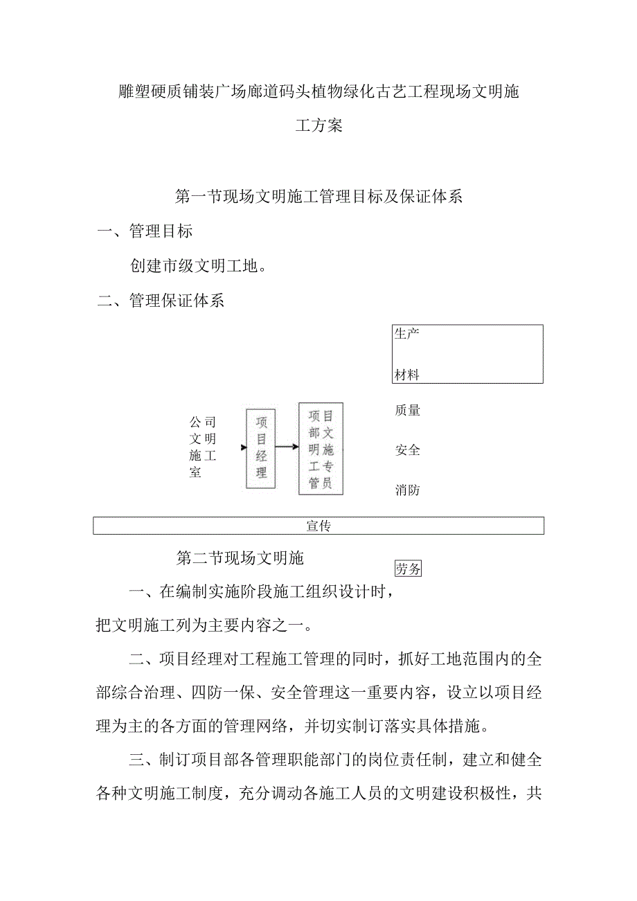 雕塑硬质铺装广场廊道码头植物绿化古艺工程现场文明施工方案.docx_第1页