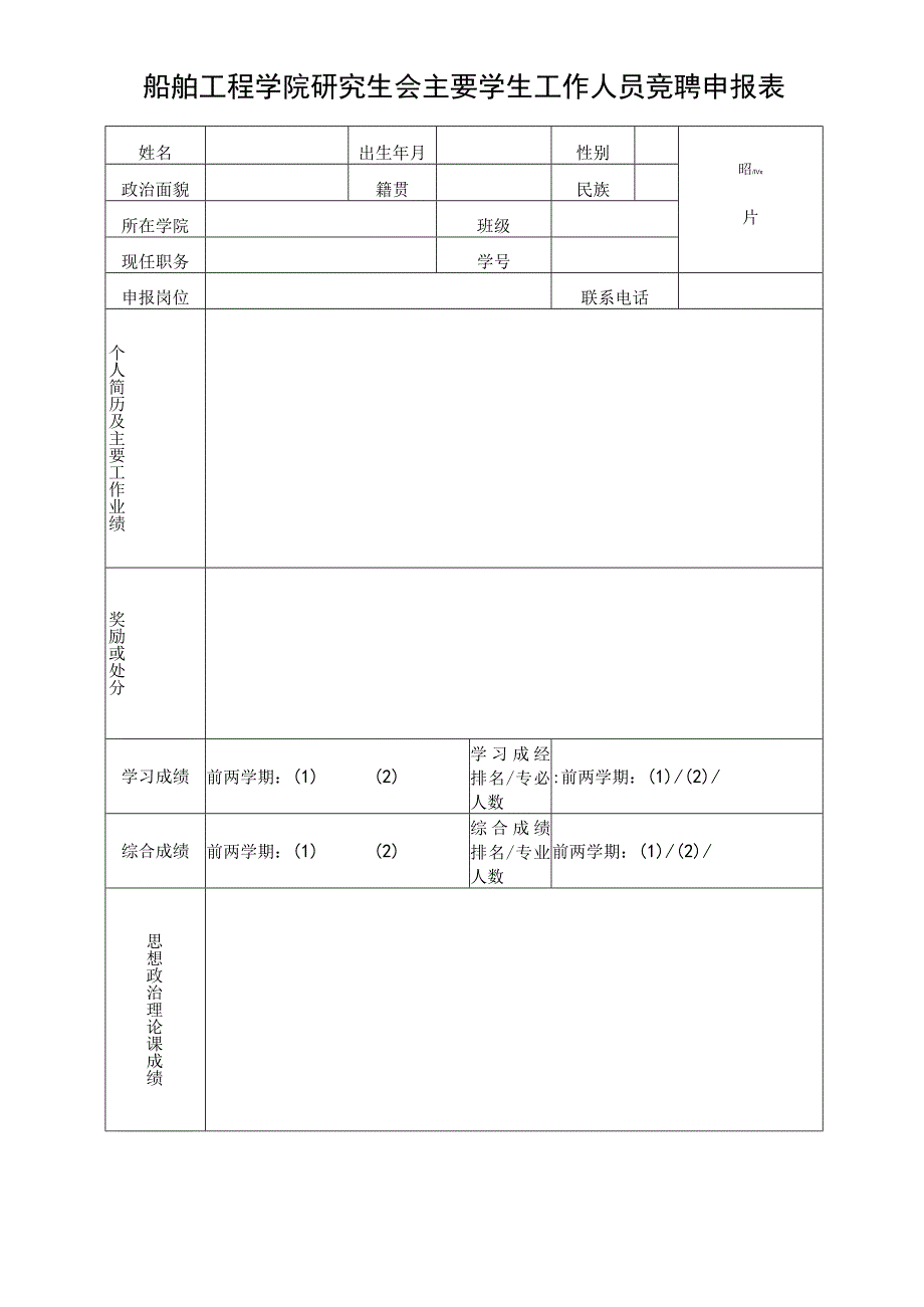 船舶工程学院研究生会主要学生工作人员竞聘申报表.docx_第1页