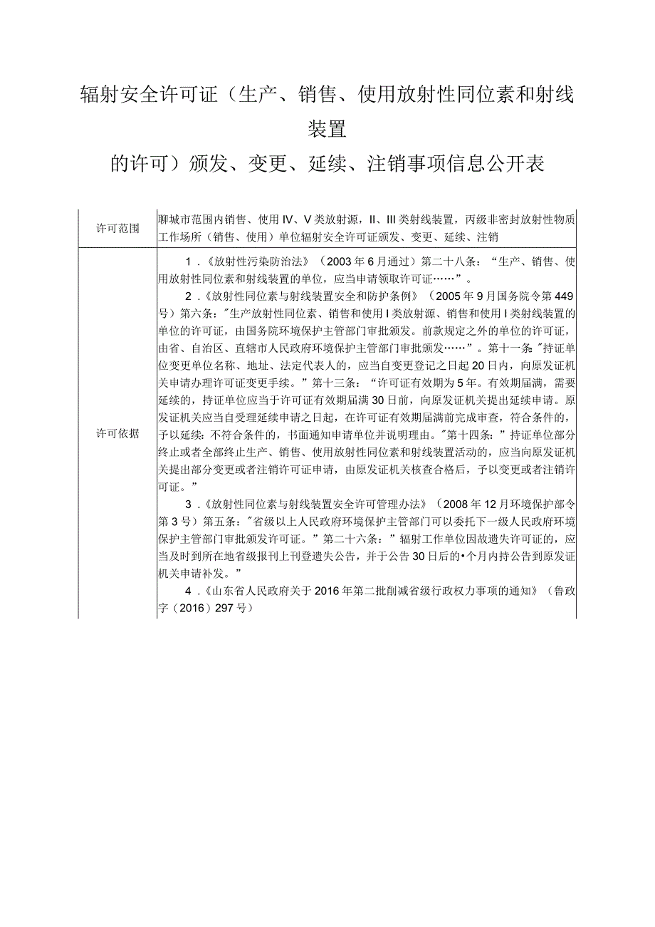 辐射安全许可证生产、销售、使用放射性同位素和射线装置的许可颁发、变更、延续、注销事项信息公开表.docx_第1页