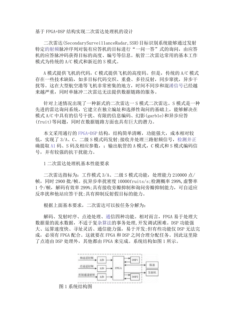 基于FPGA+DSP结构实现二次雷达处理机的设计.docx_第1页