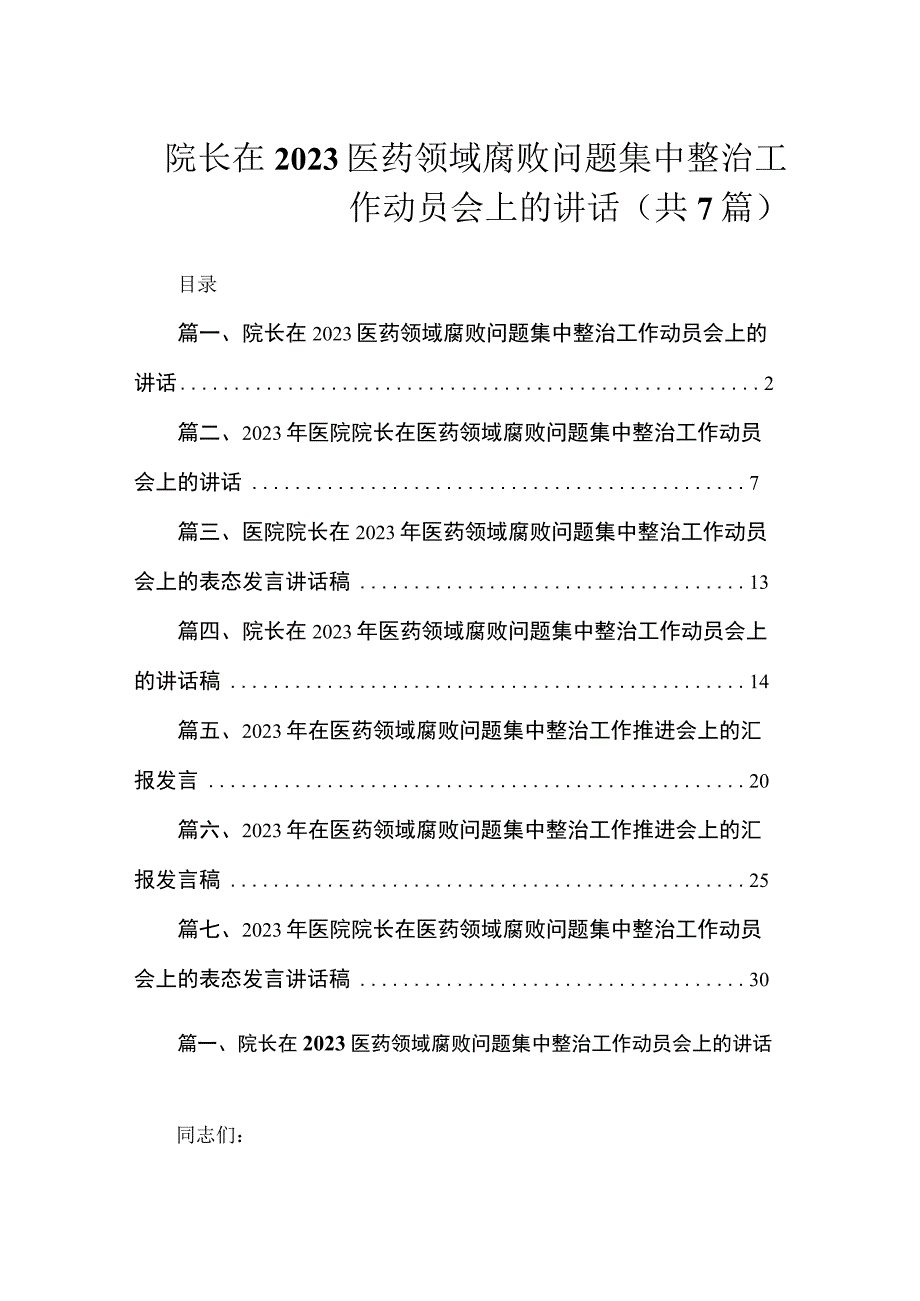 （7篇）院长在2023医药领域腐败问题集中整治工作动员会上的讲话.docx_第1页