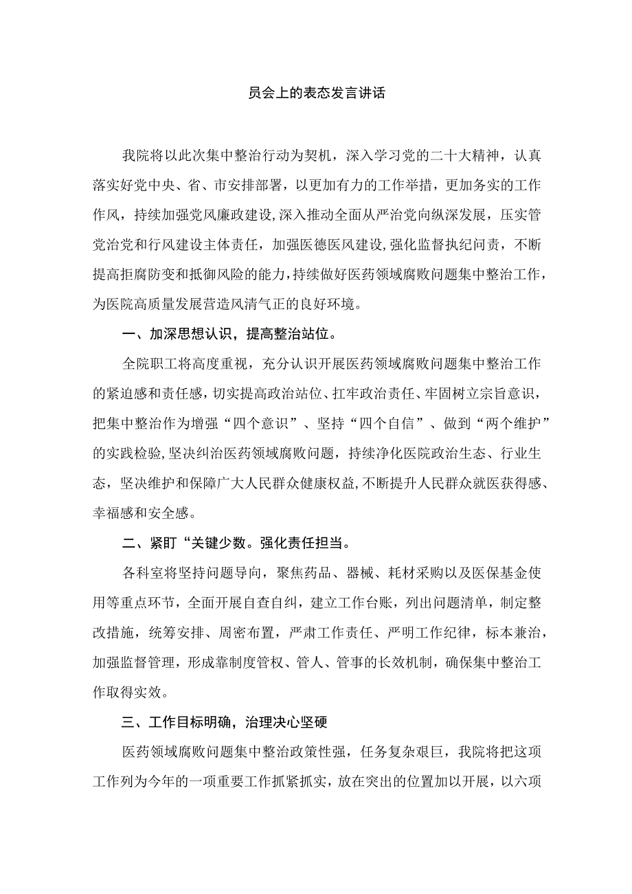 （7篇）2023年医院院长在医药领域腐败问题集中整治工作动员会上的表态发言讲话.docx_第2页