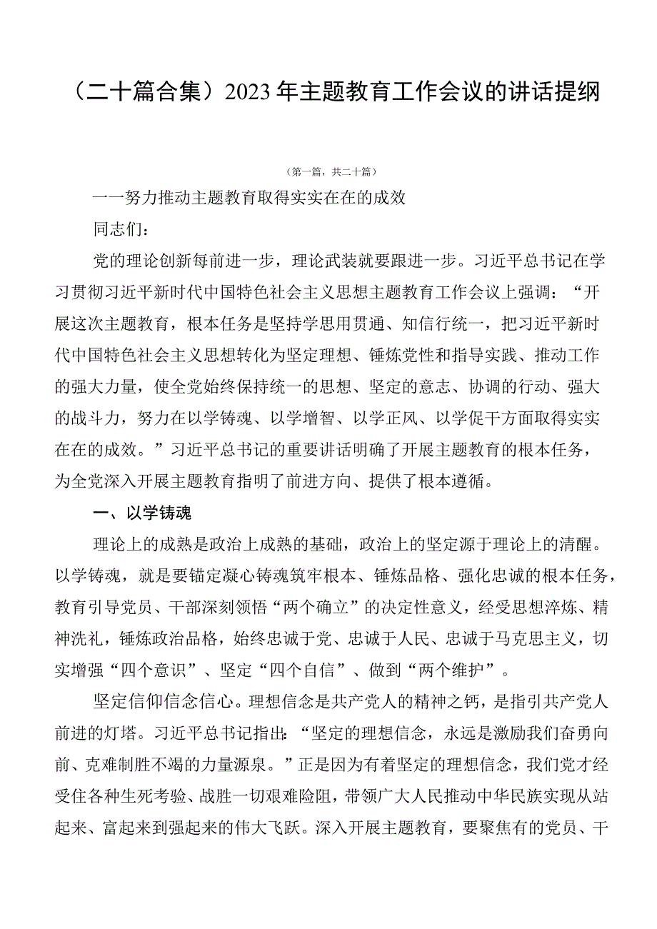 （二十篇合集）2023年主题教育工作会议的讲话提纲.docx_第1页