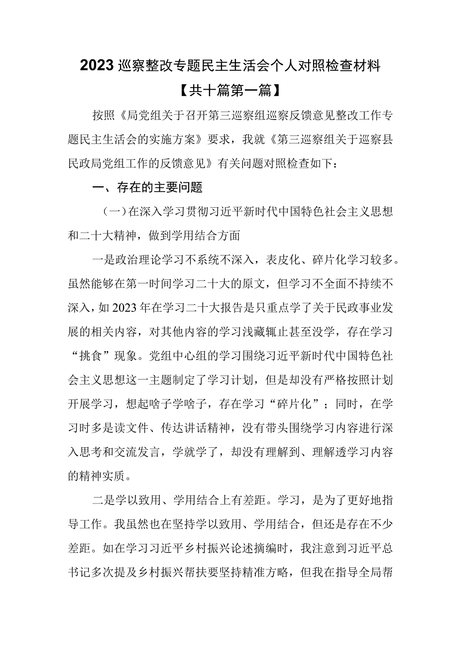 （10篇）2023年巡察整改专题民主生活会个人对照检查材料.docx_第1页