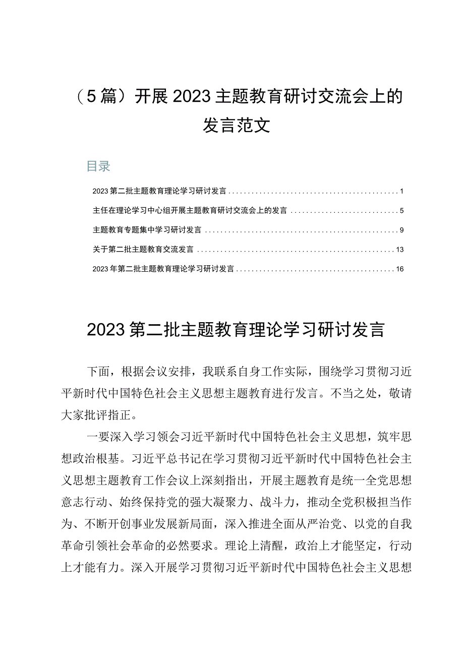 （5篇）开展2023主题教育研讨交流会上的发言范文.docx_第1页