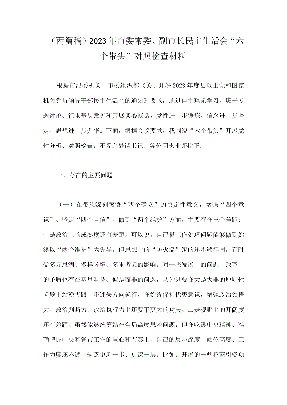 （两篇稿）2023年市委常委副市长民主生活会六个带头对照检查材料.docx_第1页