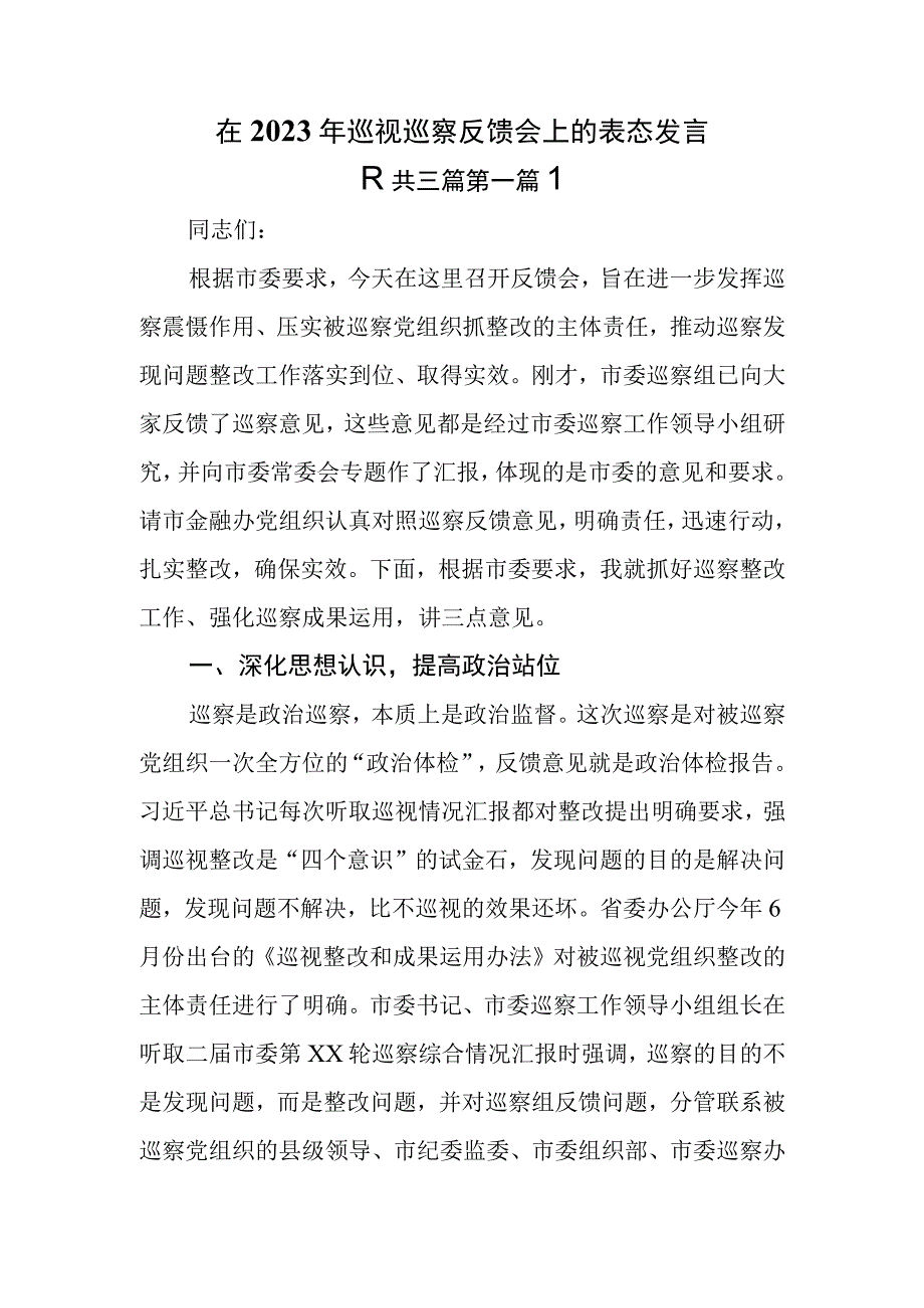 （3篇）在2023年巡视巡察反馈会上的表态发言.docx_第1页