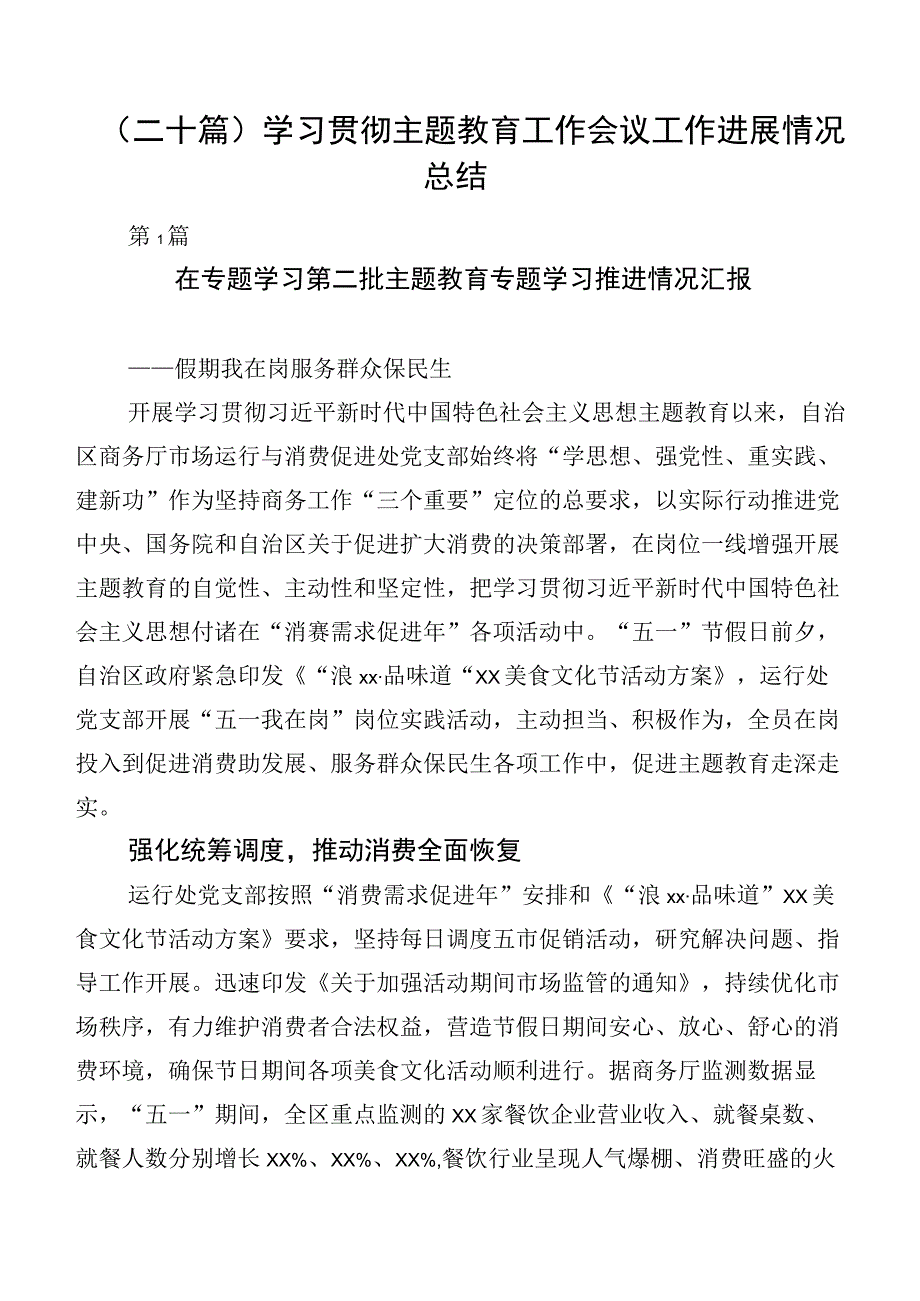 （二十篇）学习贯彻主题教育工作会议工作进展情况总结.docx_第1页