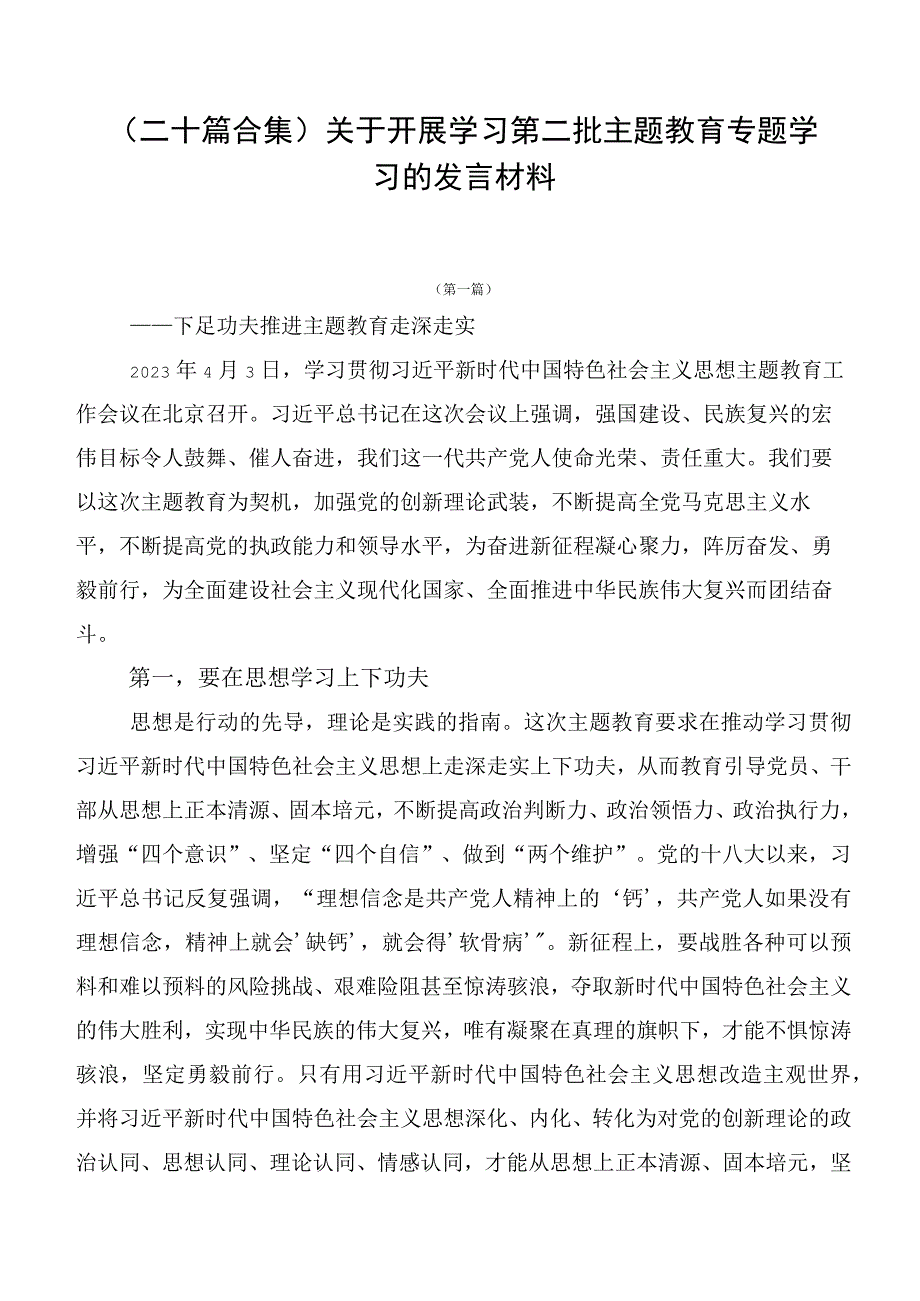 （二十篇合集）关于开展学习第二批主题教育专题学习的发言材料.docx_第1页