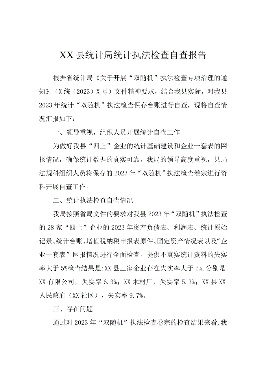 XX县统计局统计执法检查自查报告.docx_第1页