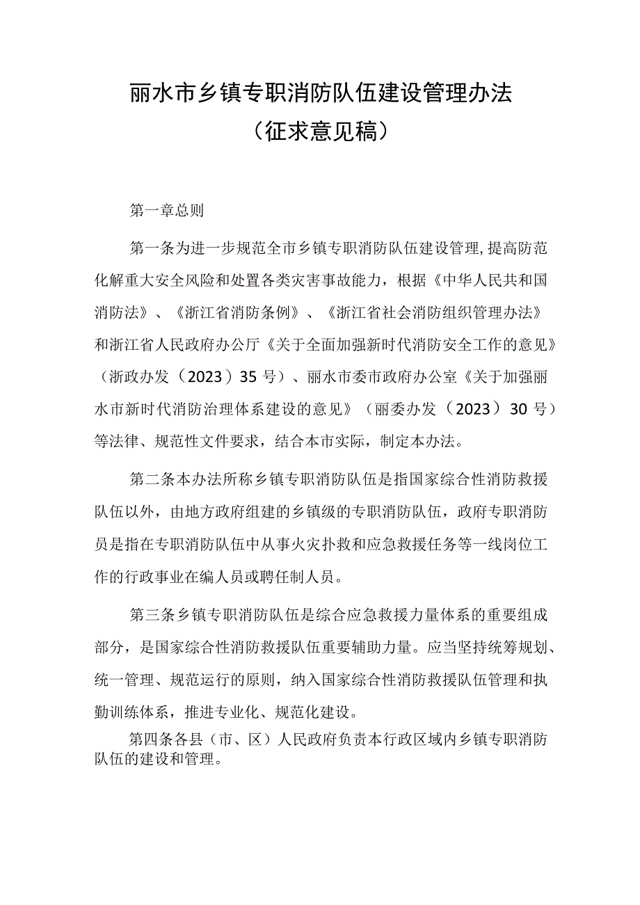 丽水市乡镇专职消防队伍建设管理办法（征求意见稿）.docx_第1页