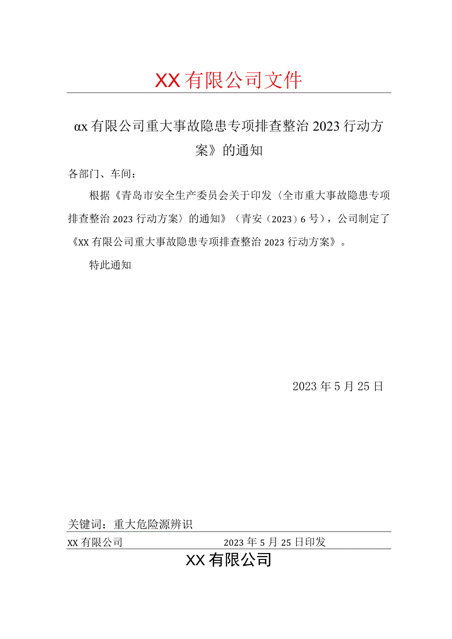 《xx有限公司重大事故隐患专项排查整治2023行动方案》.docx_第1页