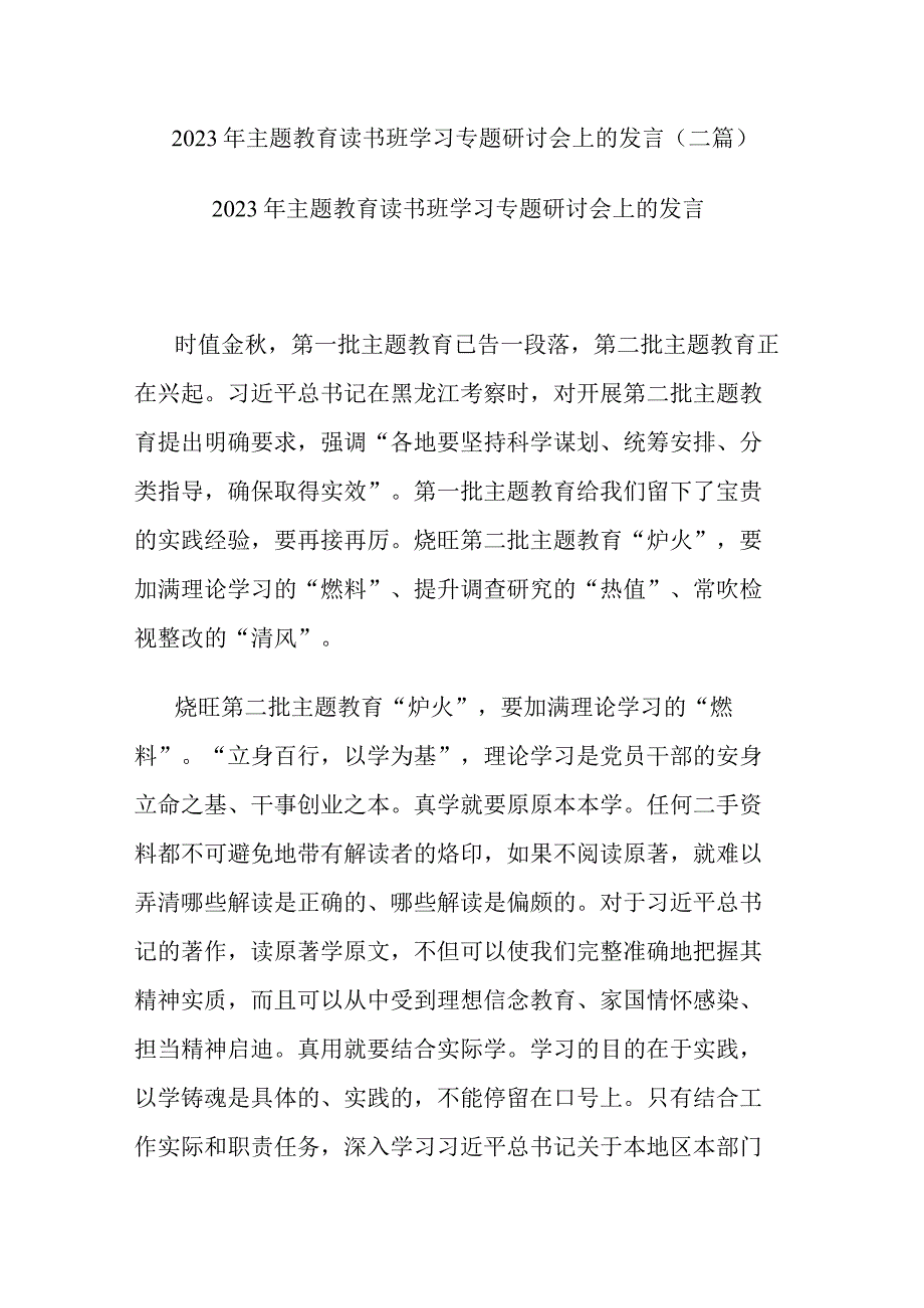 2023年主题教育读书班学习专题研讨会上的发言(二篇).docx_第1页