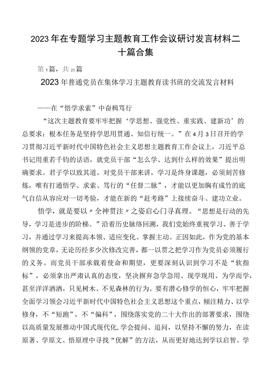 2023年在专题学习主题教育工作会议研讨发言材料二十篇合集.docx_第1页