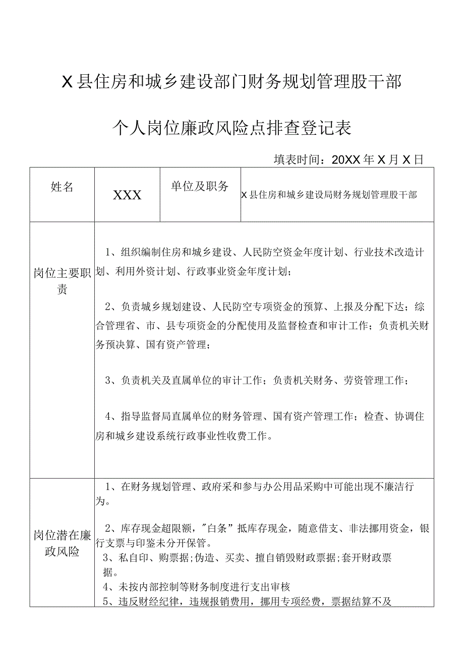 X县住房和城乡建设部门财务规划管理股干部个人岗位廉政风险点排查登记表.docx_第1页