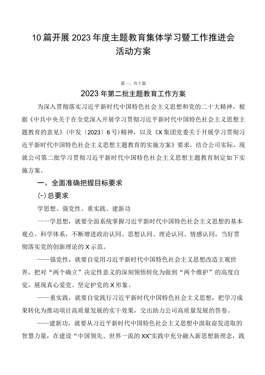 10篇开展2023年度主题教育集体学习暨工作推进会活动方案.docx_第1页