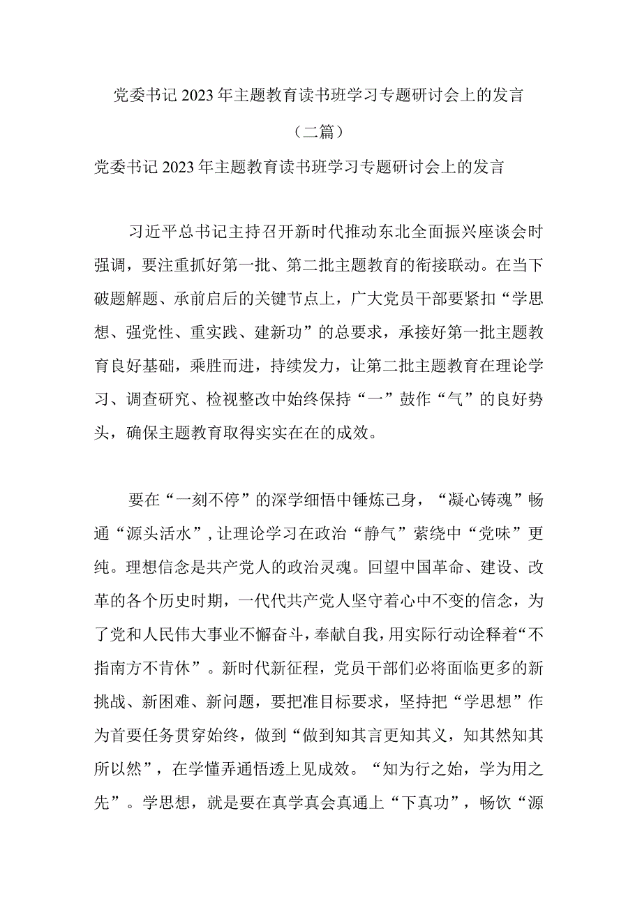 党委书记2023年主题教育读书班学习专题研讨会上的发言(二篇).docx_第1页