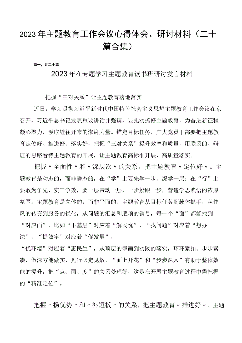 2023年主题教育工作会议心得体会、研讨材料（二十篇合集）.docx_第1页