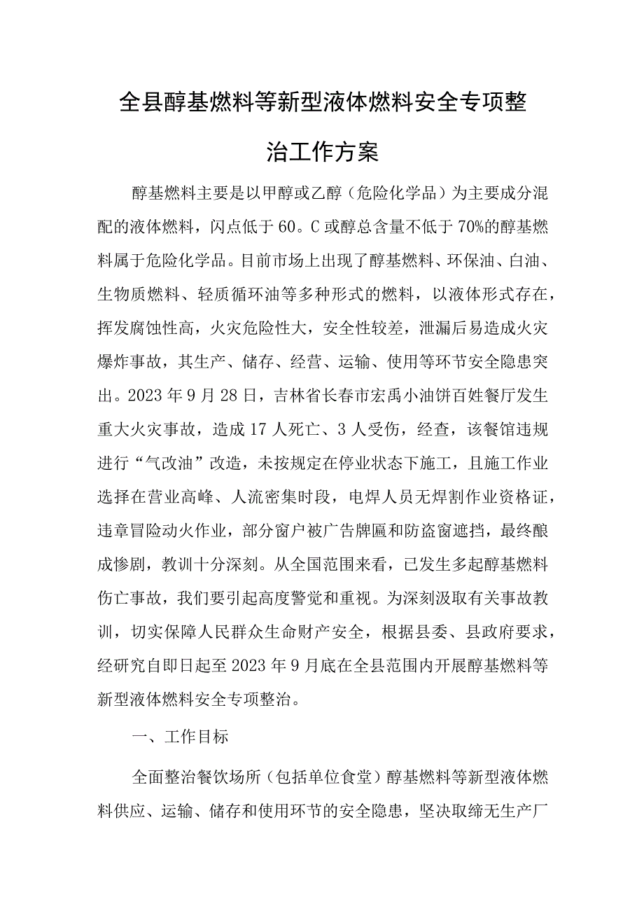 全县醇基燃料等新型液体燃料安全专项整治工作方案.docx_第1页