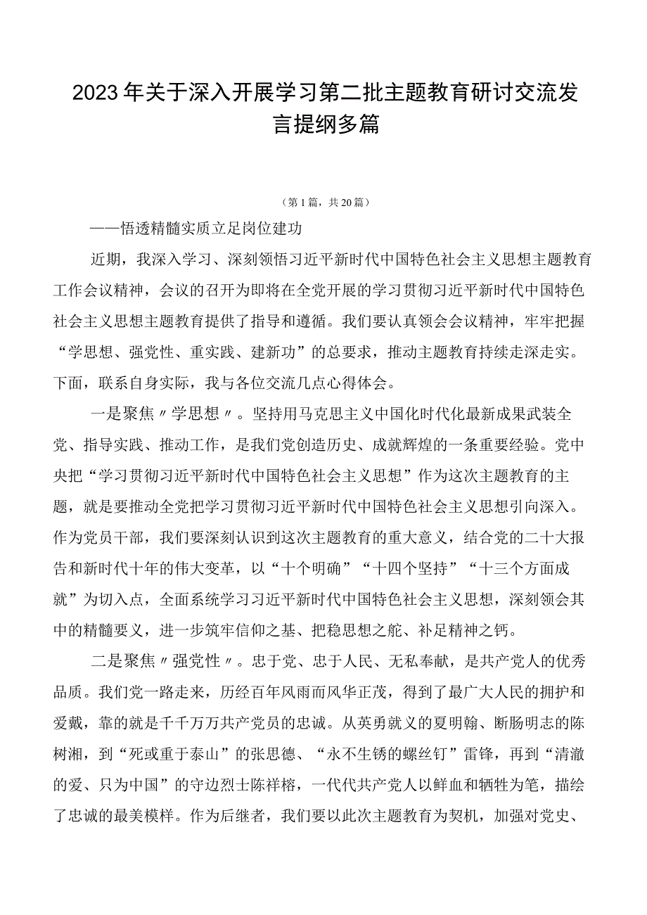 2023年关于深入开展学习第二批主题教育研讨交流发言提纲多篇.docx_第1页