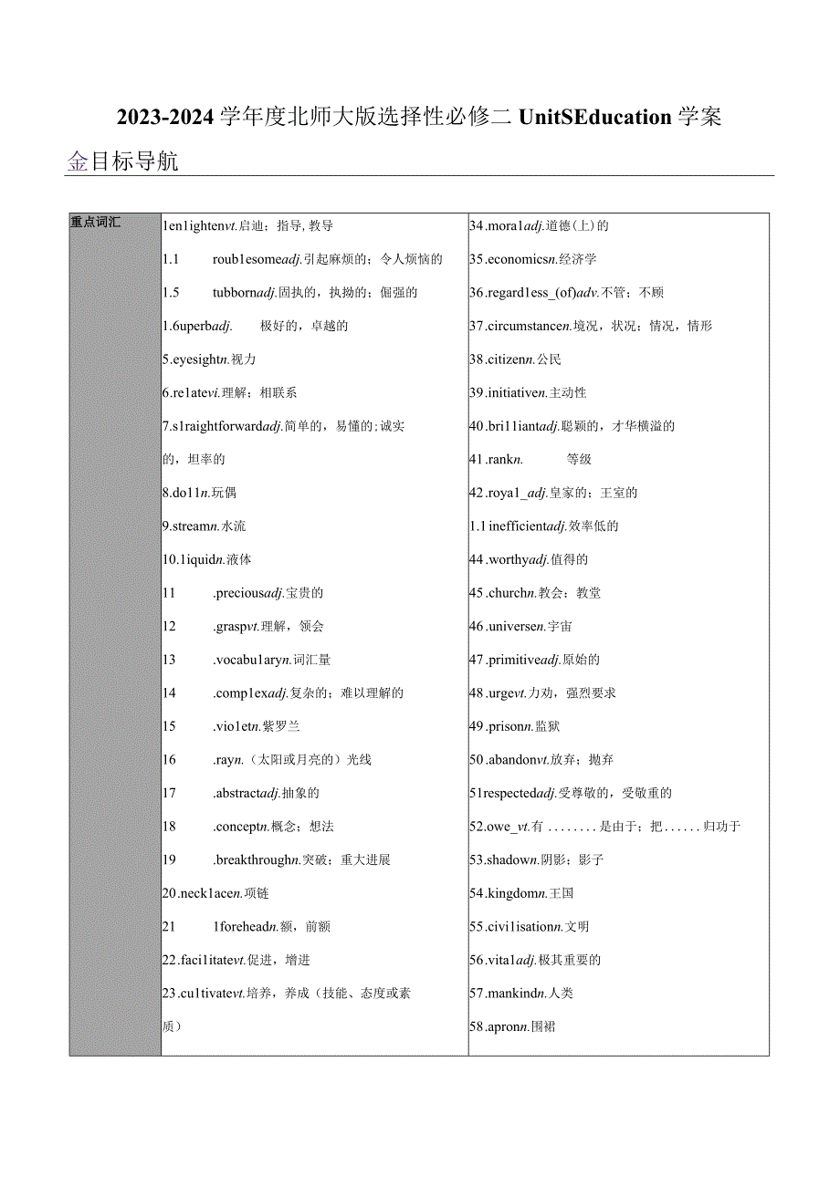 2023-2024学年度北师大版选择性必修二Unit5Education学案.docx_第1页