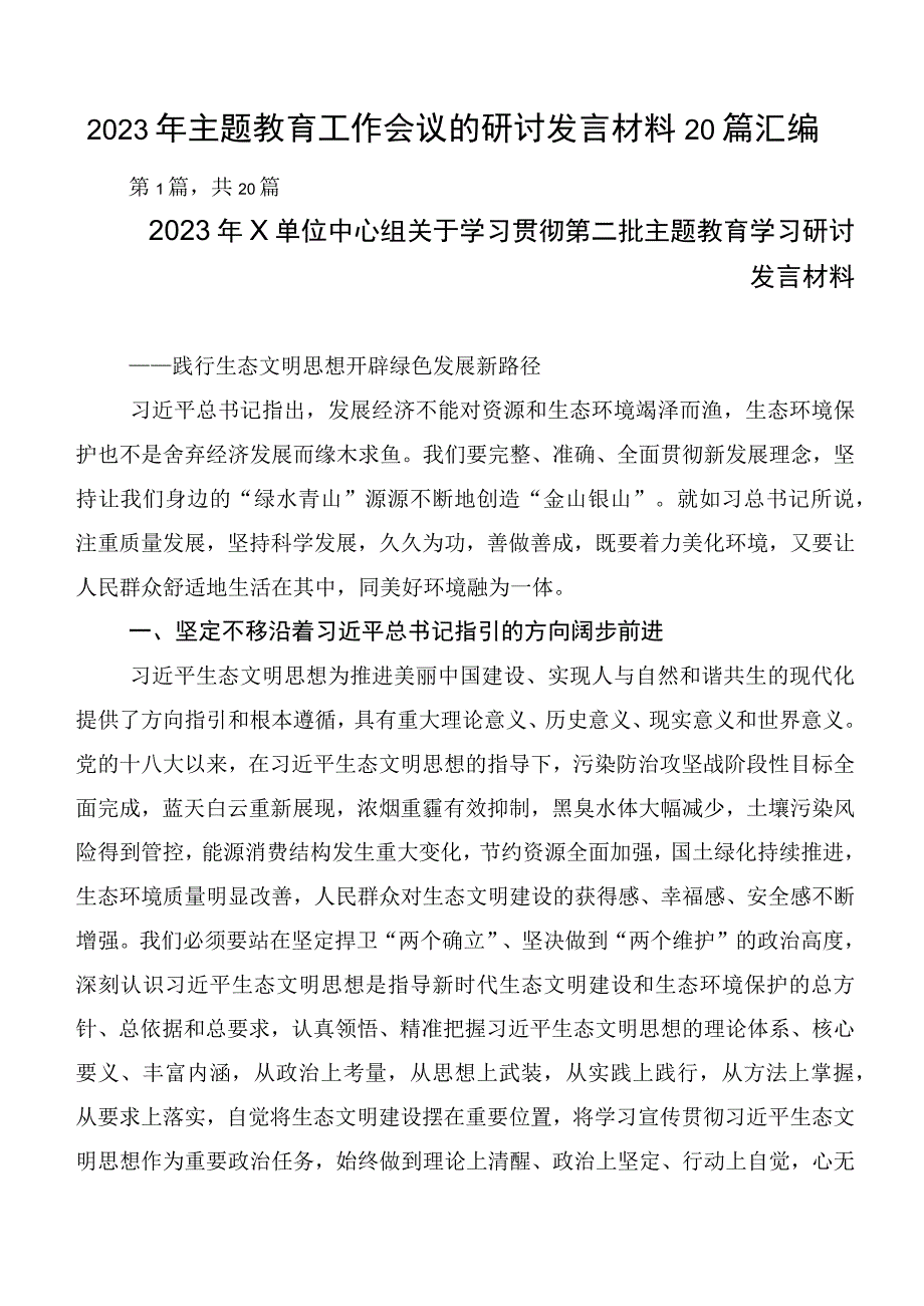 2023年主题教育工作会议的研讨发言材料20篇汇编.docx_第1页