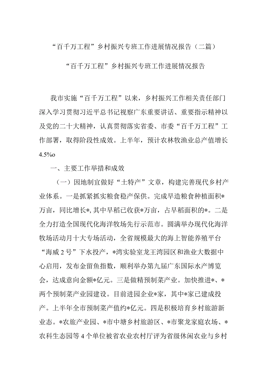 “百千万工程”乡村振兴专班工作进展情况报告(二篇).docx_第1页