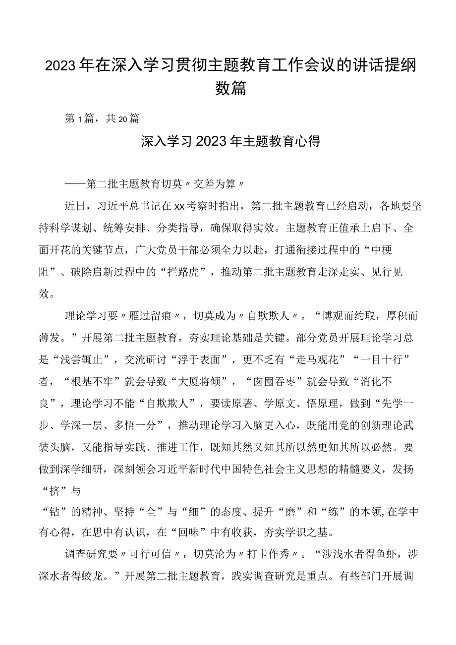 2023年在深入学习贯彻主题教育工作会议的讲话提纲数篇.docx_第1页