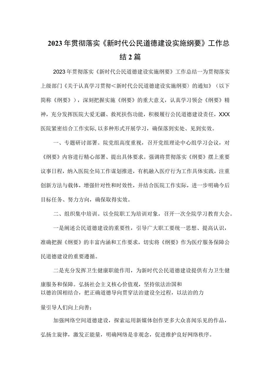 2023年贯彻落实《新时代公民道德建设实施纲要》工作总结2篇.docx_第1页