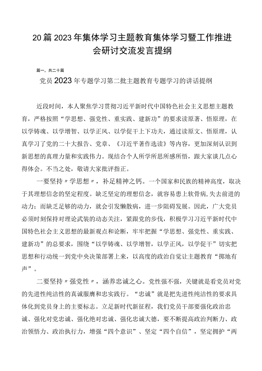 20篇2023年集体学习主题教育集体学习暨工作推进会研讨交流发言提纲.docx_第1页