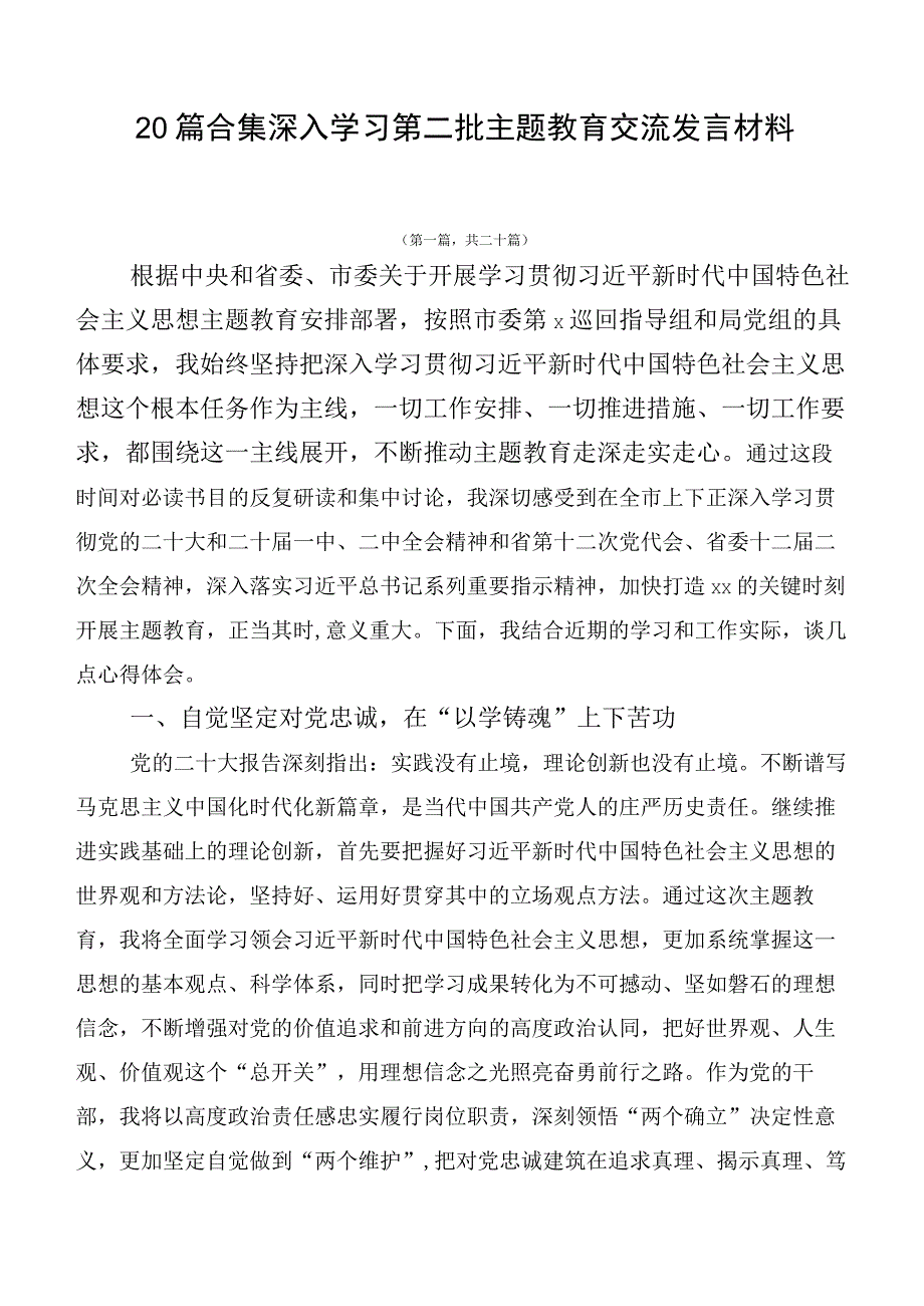 20篇合集深入学习第二批主题教育交流发言材料.docx_第1页