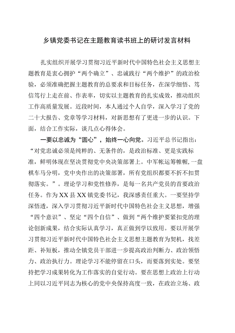 乡镇街道党委书记在主题教育读书班上的研讨发言材料.docx_第1页