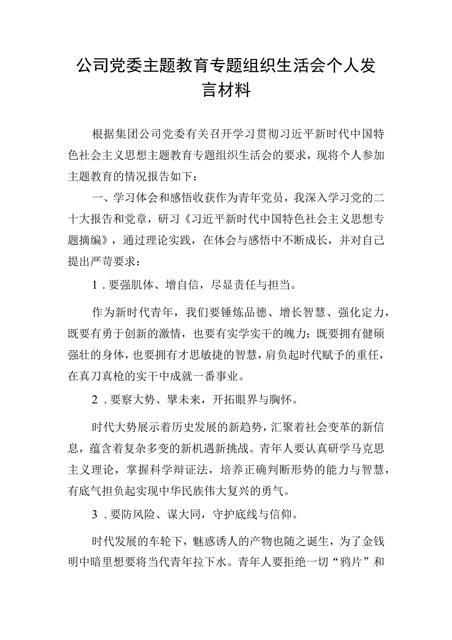 公司党委主题教育专题组织生活会个人发言材料.docx_第1页